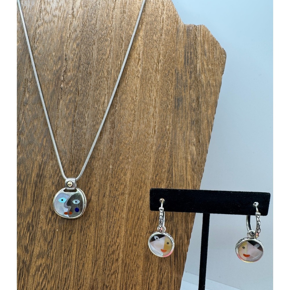 Eric Grossbardt Sterling Silver 18k Gold Mother of Pearl Face Necklace Earrings